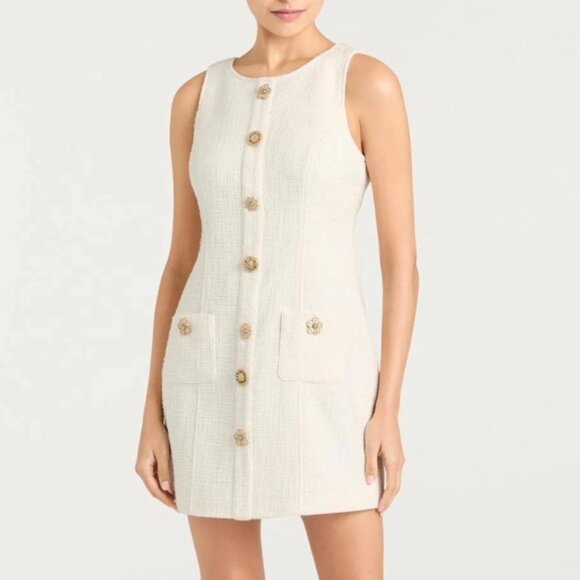 BEST NWT Cinq a Sept 5a7 Gold Coin Randi Mini Dress - Gardenia Ivory Tweed - Picture 2 of 6
